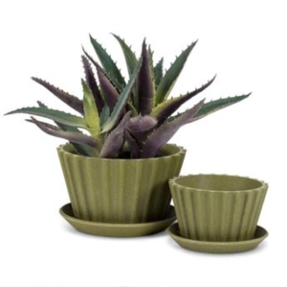 1 Set of 2 PCs planter flute green small plant flower garden home decor tray pot - Picture 2 of 3